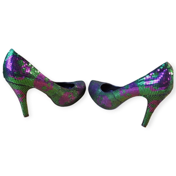 πβ¨ Iron Fist Digiskull Platform Pumps β Green & Purple Sequin | Size 38 (US 7.5 - Picture 2 of 14